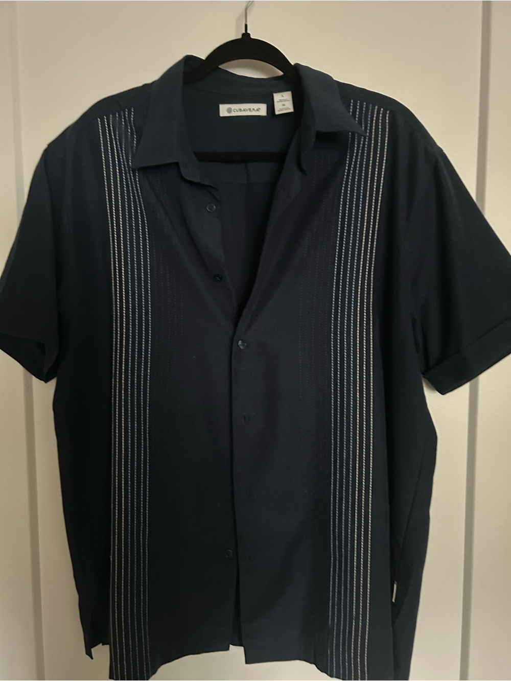 Cubavera Navy Short-Sleeve Camp Shirt with Vertical Stitching